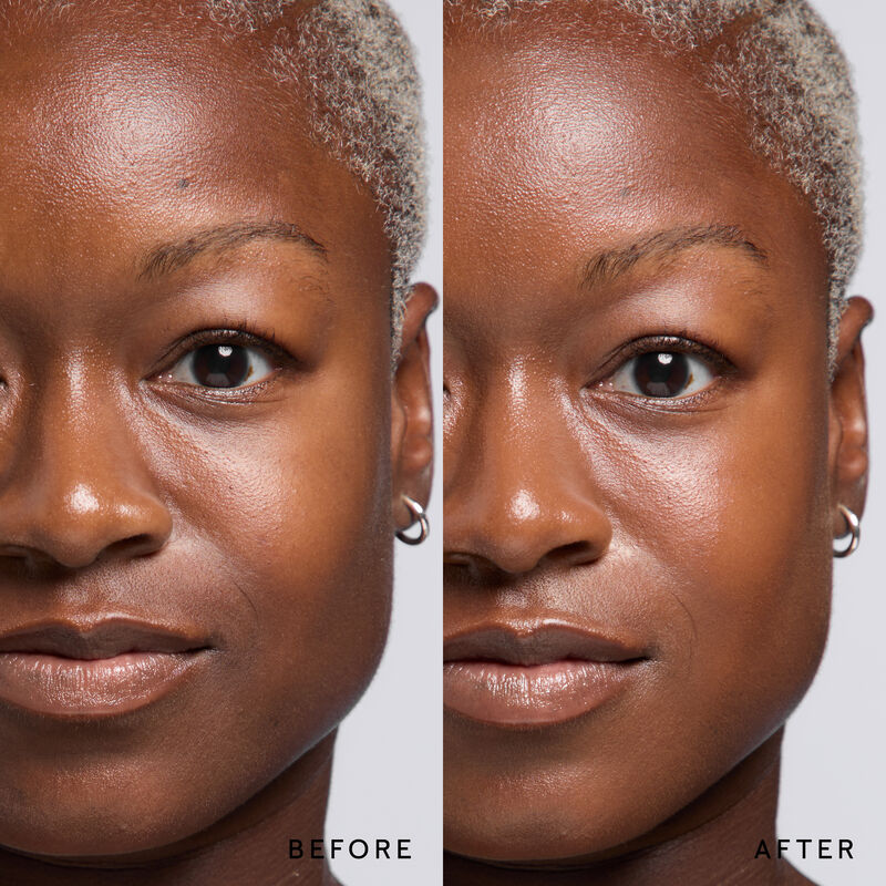 Model before and after showing TimeWise 3D Foundation Luminous finish payoff in shade Deep 10