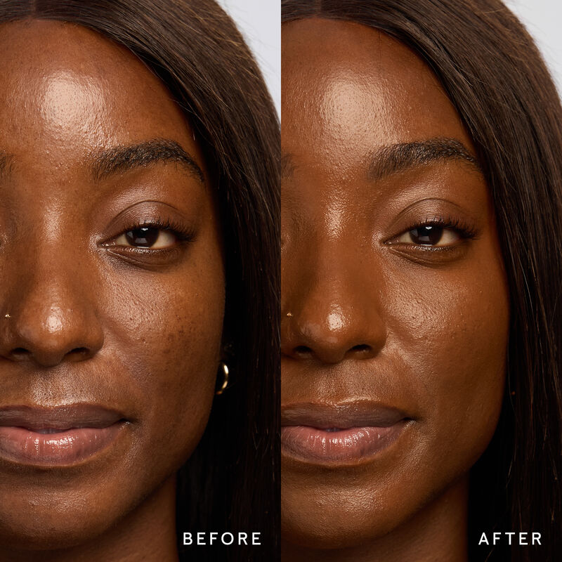 Model before and after showing TimeWise 3D Foundation Luminous finish payoff in shade Deep 13