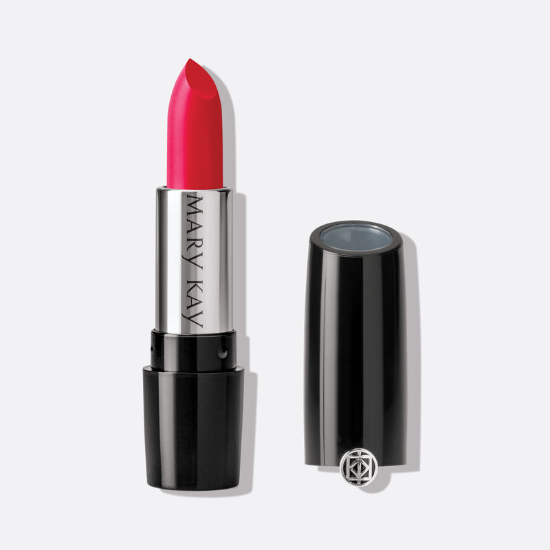 Mary Kay Gel Semi-Matte Lipstick in shade Red Stiletto standing on plain background with cap off