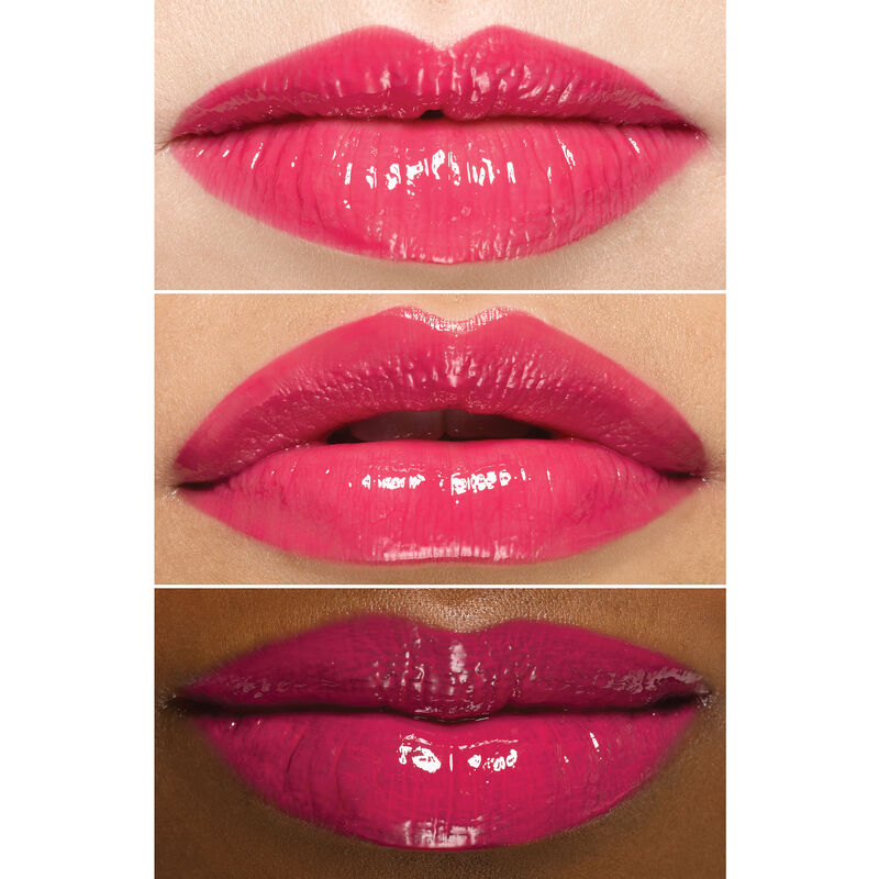 Close up of lips wearing Mary Kay Unlimited Lip Gloss in shade Pink Fusion on an ivory bronze and deep skin tone