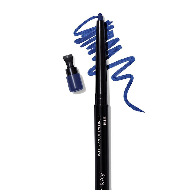 Uncapped Mary Kay Waterproof Eyeliner in Blue with squiggle product swatch behind it on plain background