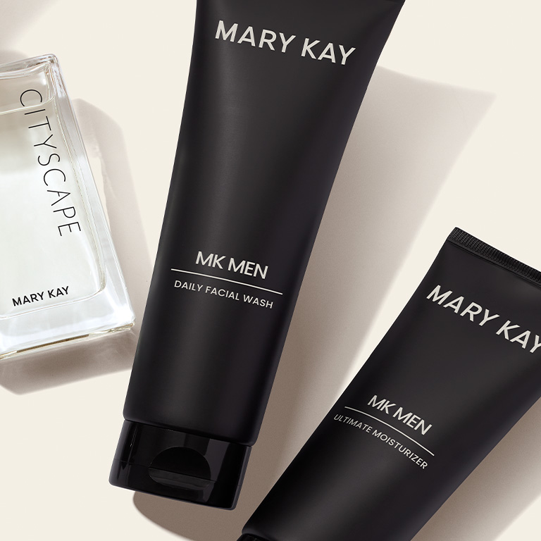 Mary Kay MKMen skin care regimen alongside Mary Kay Cityscape cologne spray for men